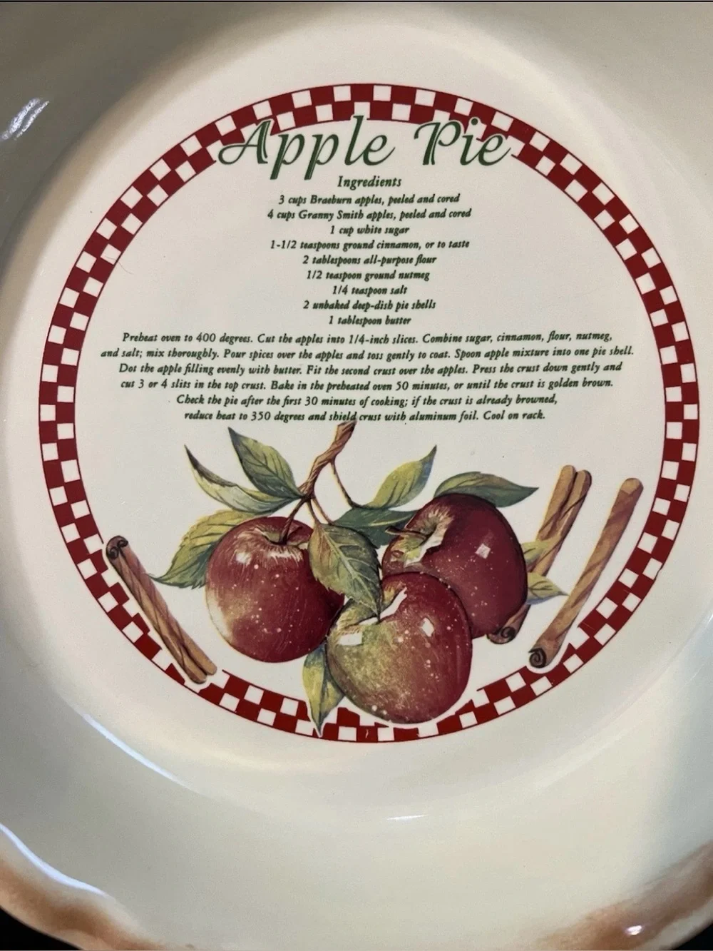 Apple Pie Baking And Recipe 10 Inch Pie Plate Red Green Ceramic Country Kitchen